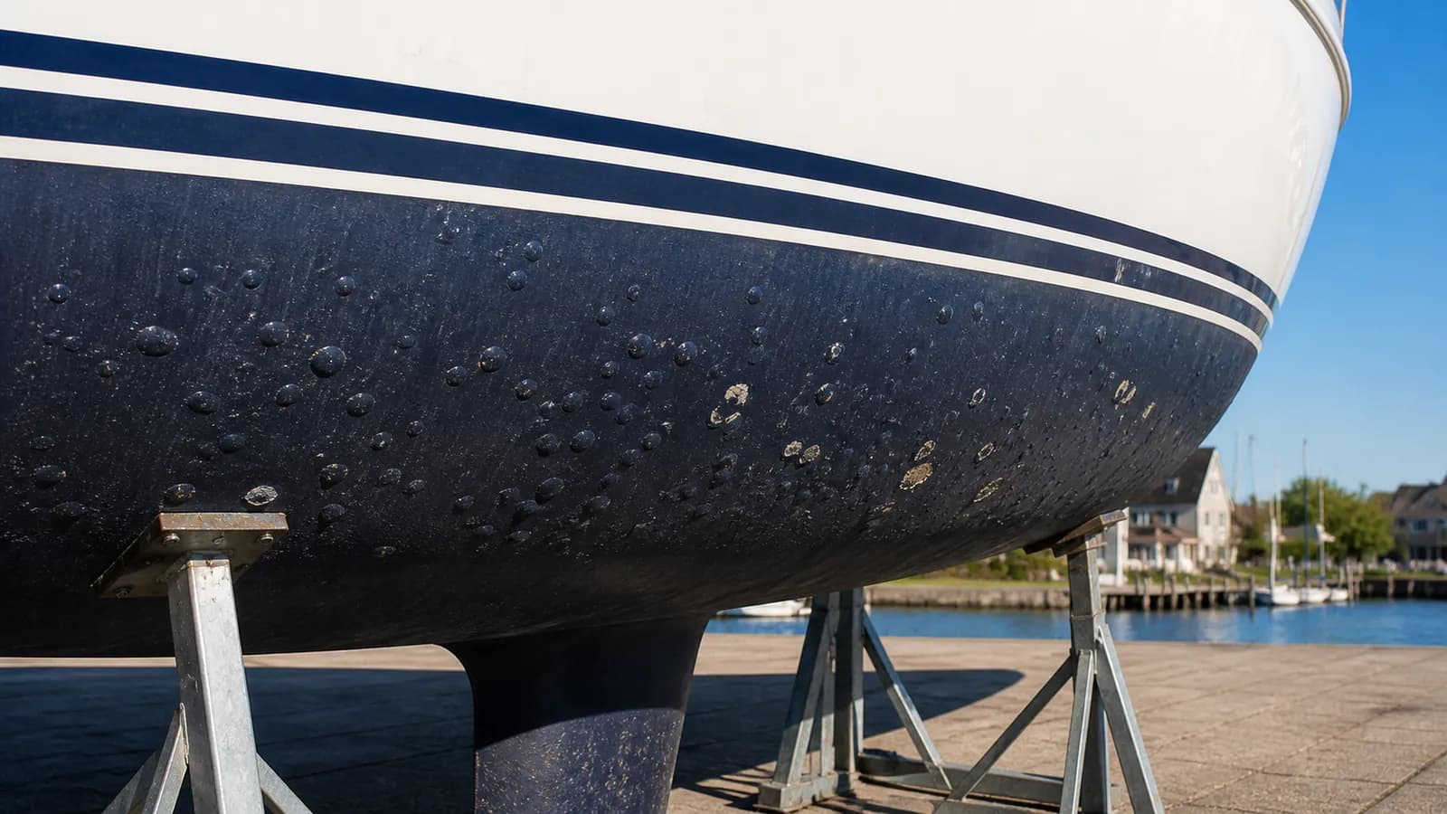 Een donkerblauw onderwaterschip van dichtbij, bezaaid met opgezette blaren onder de antifouling
