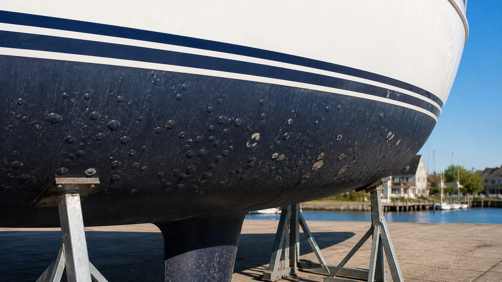 Een donkerblauw onderwaterschip van dichtbij, bezaaid met opgezette blaren onder de antifouling