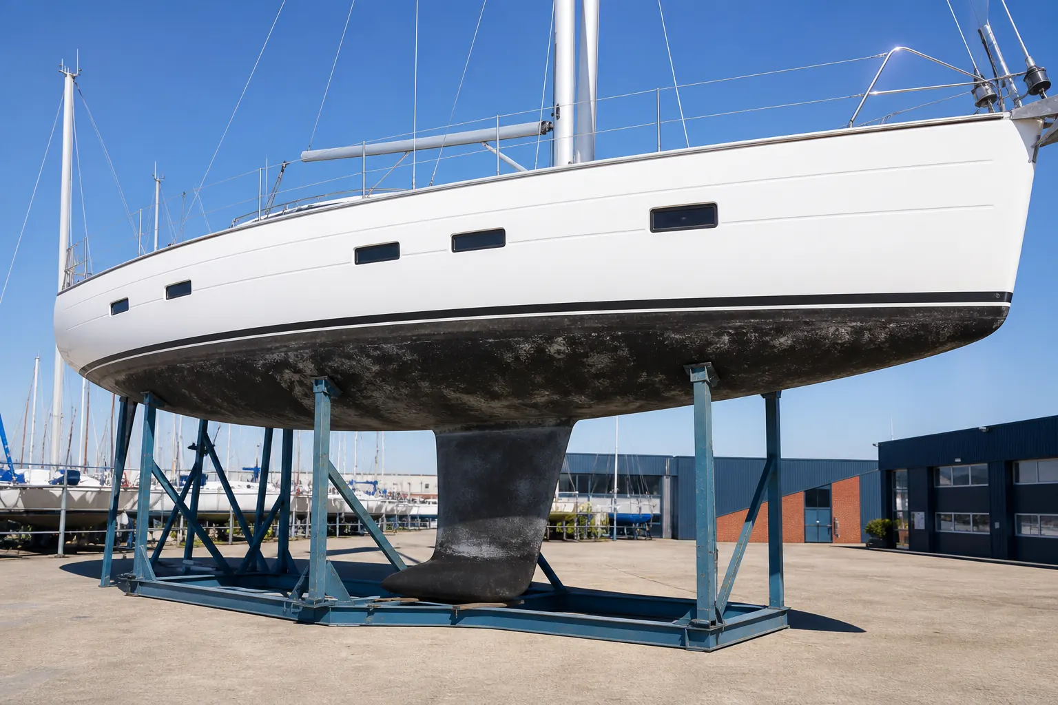 Een witte zeilboot op stophout. Links is het onderwaterschip strak zwart, rechts zit het vol aangroei.
